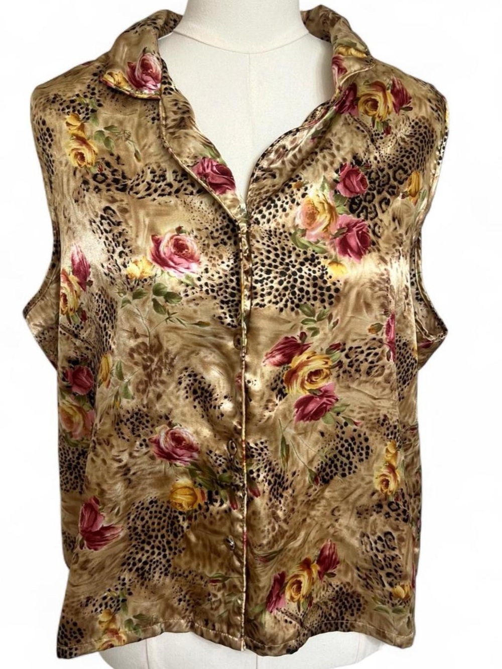 Secret Treasures leopard print satin pink yellow roses button up tank top y2k
